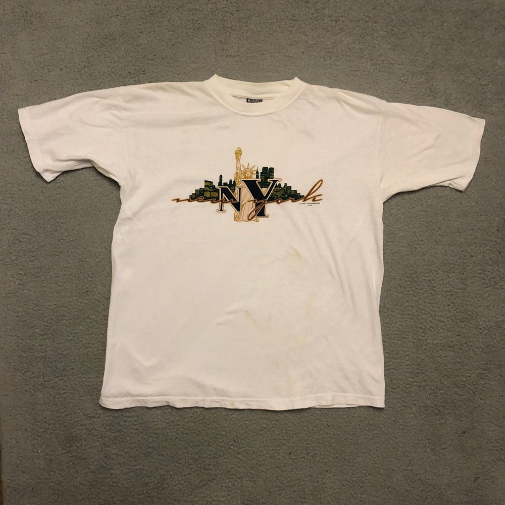 Vtg New York Statue of Liberty Skyline Graphic T Shirt White XL Twin Towers